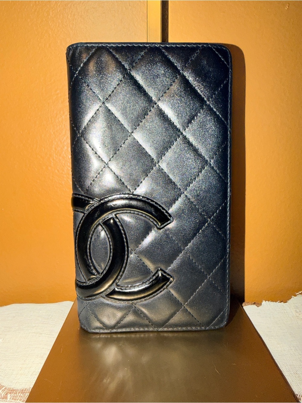 CHANEL Cambon Black Quilted CC Logo Long Wallet w Pink Interior
